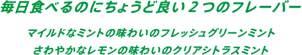 毎日食べるのにちょうど良い2つのフレーバー。マイルドなミントの味わいのフレッシュグリーンミント、さわやかなレモンの味わいのクリアシトラスミント